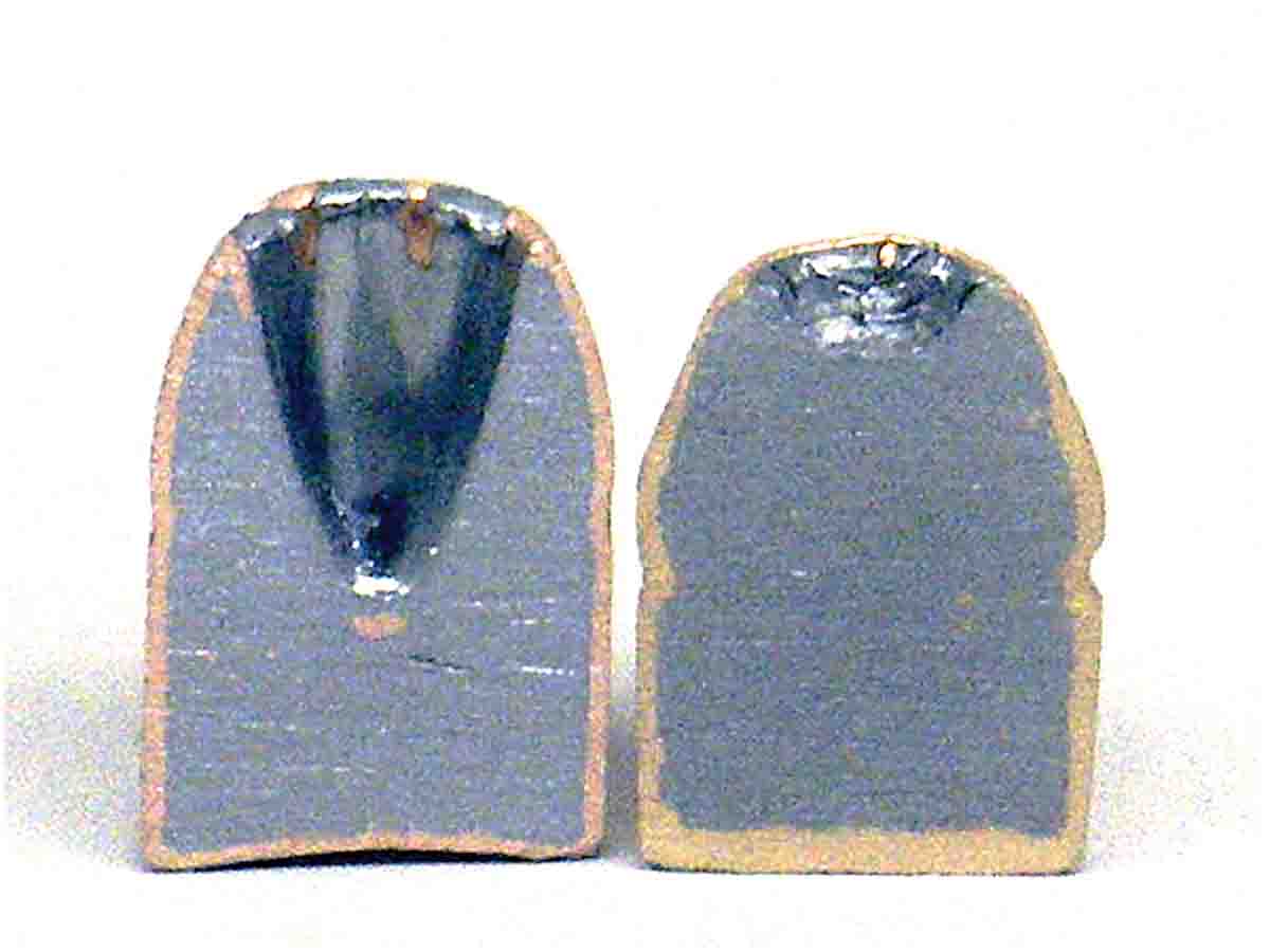 Jacketed hollowpoint bullet performance varies widely, depending on the depth and shape of the hollow  cavity and jacket thickness. A Speer Gold Dot is on the left and a Hornady XTP is on the right.